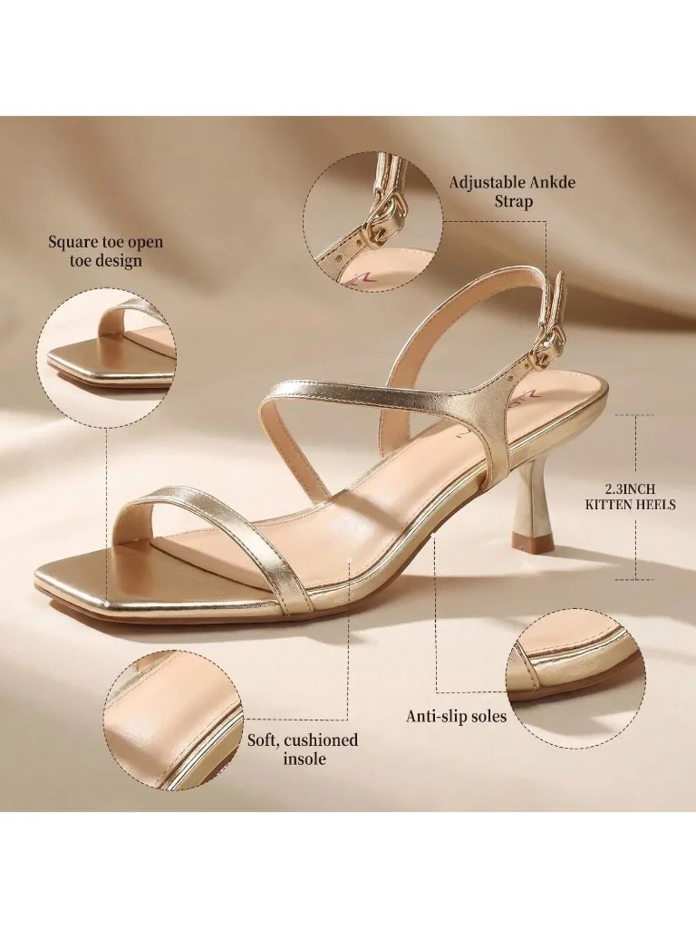Women's Gold Adjustable Ankle Strap with Comfort and Elegant Heels Sandals